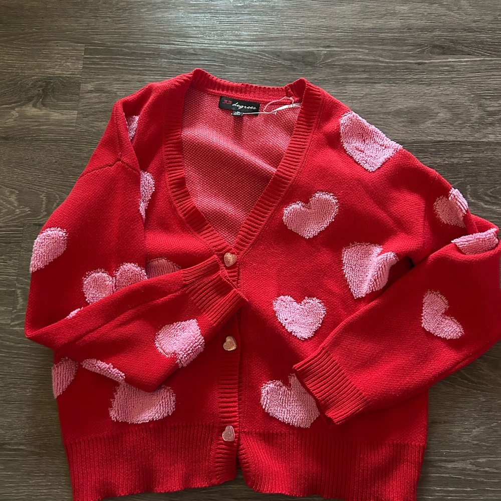 32 Degrees Red Cardigan with Pink Heart Patterns